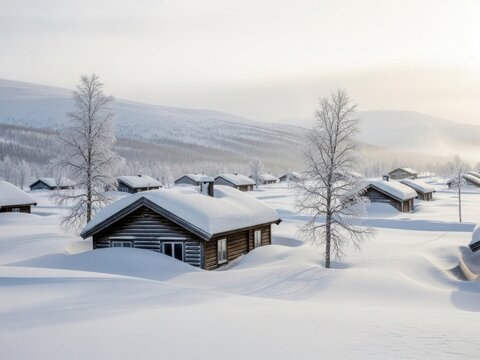 Cozy wooden cabins nestled in a snowy winter landscape