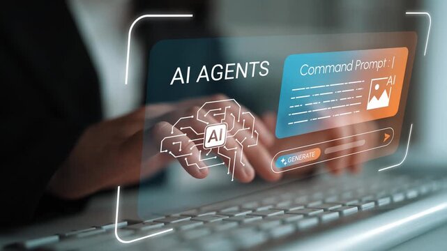Hands Typing on a Keyboard with Display of AI Agents and Command Prompt Interface in Modern Workspace Setting Gluon.