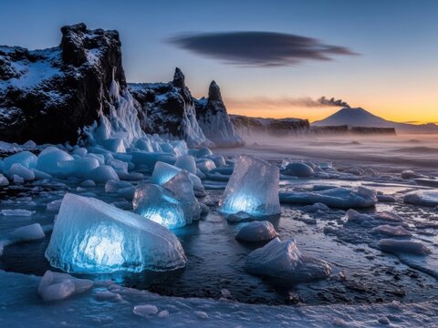 Glowing ice chunks on shore at sunrise with volcanic mountain background