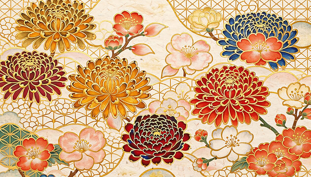 Japanese Floral Pattern with Chrysanthemums and Gold Accents Generative AI