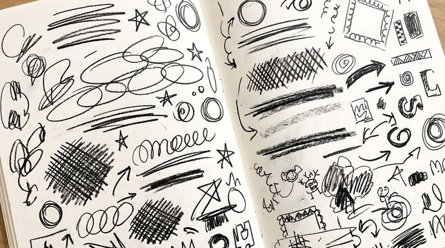 Collage of Hand Drawn Scribbles and Sketch Symbols.