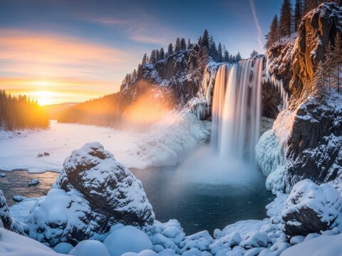 Majestic waterfall in winter landscape with golden sunset