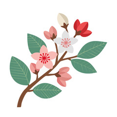 Fototapeta premium Cherry blossom branch with flowers and leaves vector illustration