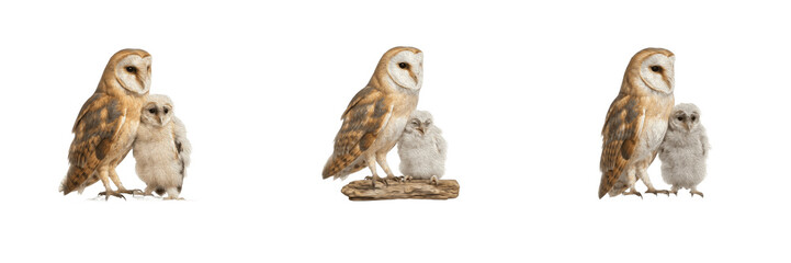 Set Barn Owls Adult and Owlet Together Cute Family Birds Wildlife Nature Raptor Bird of Prey Fluffy Chick Mother and Baby Feathered Creatures Raptor Pair © laskhar