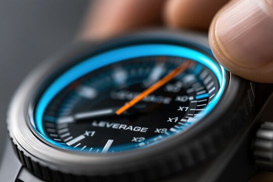 Close-up view of a black watch face with blue accents and orange hand held by fingers showing leverage concept