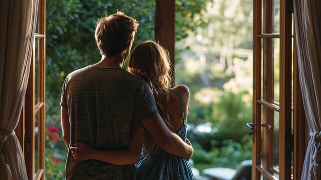 Couple embraces from behind, gazing through sunlit wooden-framed window at garden
