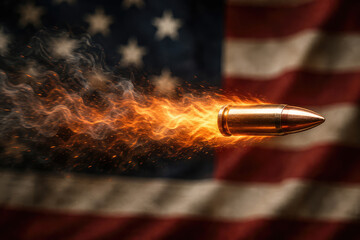 Naklejka premium Flying Bullet with American Flag Background and Fiery Smoke Trail