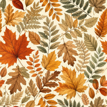 Vintage Autumn Leaves Seamless Pattern with Botanical Fall Foliage
