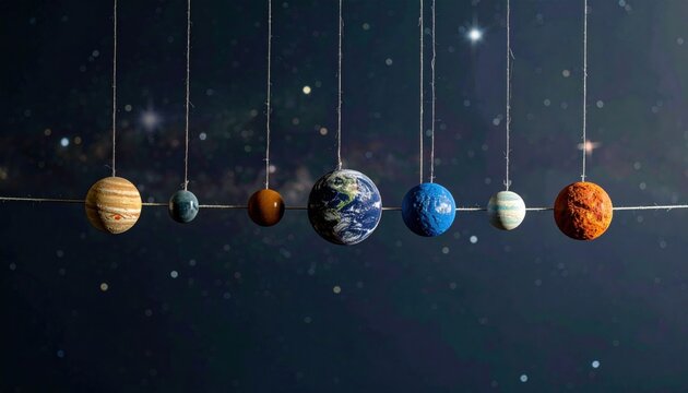 Miniature Solar System Model with Spherical Planets Suspended Against Starry Night Sky