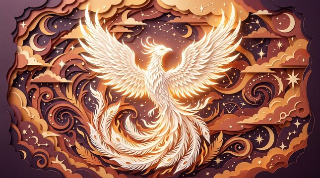 Paper cut glowing phoenix bird with spread wings crescent moon constellation star and cloud in night sky papercraft fantasy art
