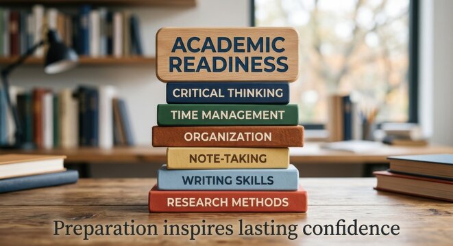 Stacked Books Displaying Academic Readiness Skills on a Wooden Table