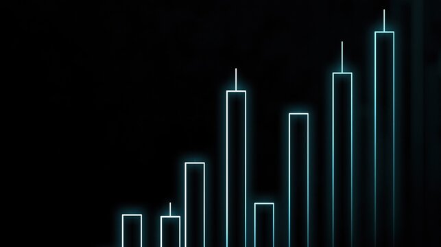 Glowing blue bar chart displaying growth trend against a dark background with vertical bars increasing in height