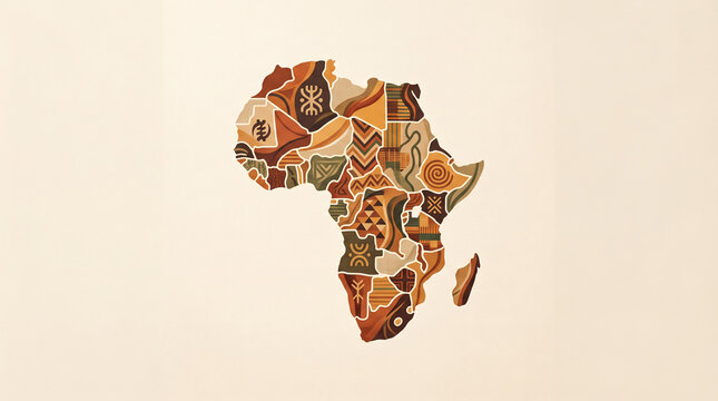 Abstract map of africa filled with traditional tribal patterns and ethnic symbols on beige background with african continent filled various traditional