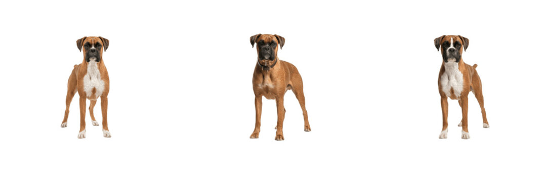 Set of Boxer dogs isolated on transparent background, muscular fawn and white canine pets with alert expressions for pet and wildlife design projects