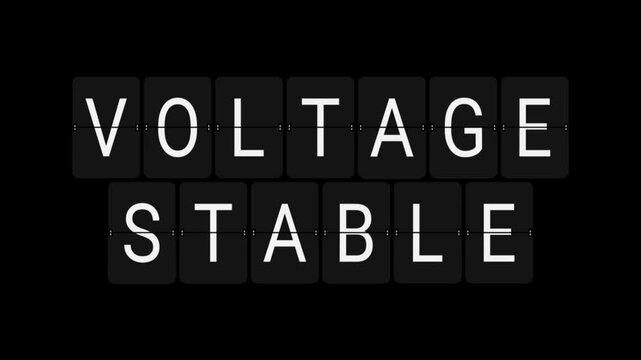 Split-Flap Blank to VOLTAGE STABLE Electrical Status Display Animation on Black Background
