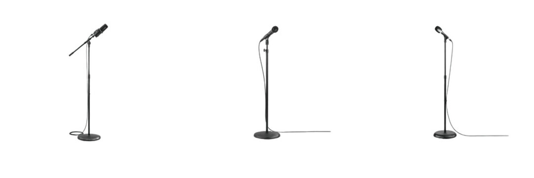 Set of microphone stands isolated on transparent background, adjustable audio equipment with cables for music and speech design projects