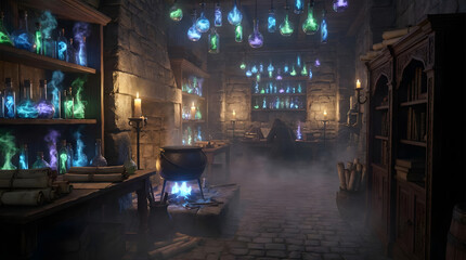 Fototapeta premium Fantasy alchemy laboratory with glowing potion bottles.