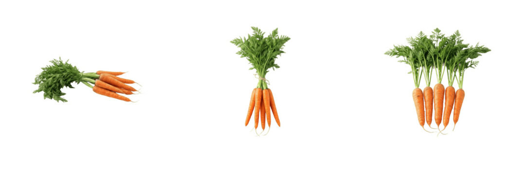 
Title: Set of fresh carrots isolated on transparent background, raw orange root vegetables with green leafy tops for healthy food and agriculture design projects