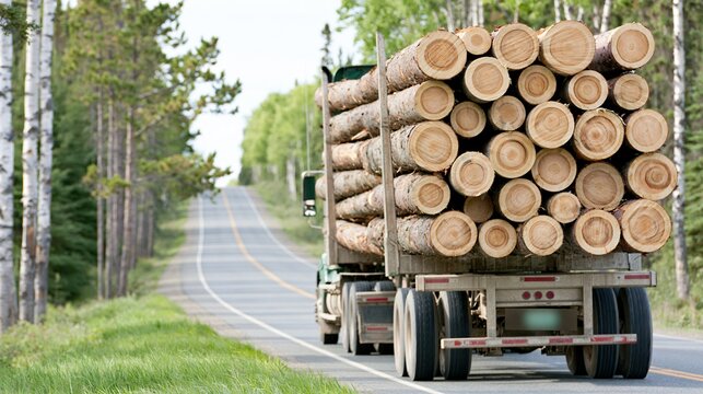 Heavy logging truck transports massive stack of cut timber logs along winding rural highway surrounded by green forest trees on sunny day