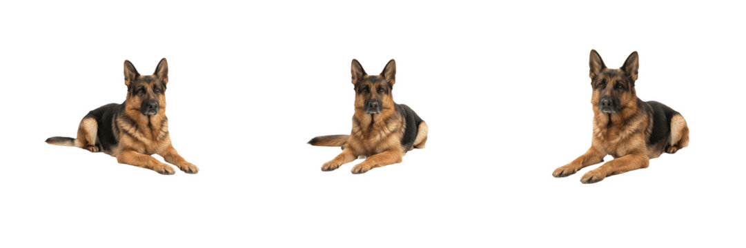 Set of German Shepherd dogs isolated on transparent background alert guard dogs with black and tan fur in lying down poses for veterinary and pet design projects