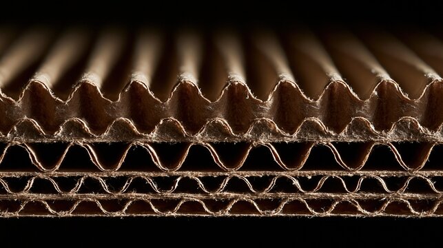 Close-up view of layered corrugated cardboard texture showing wavy internal structure against dark background
