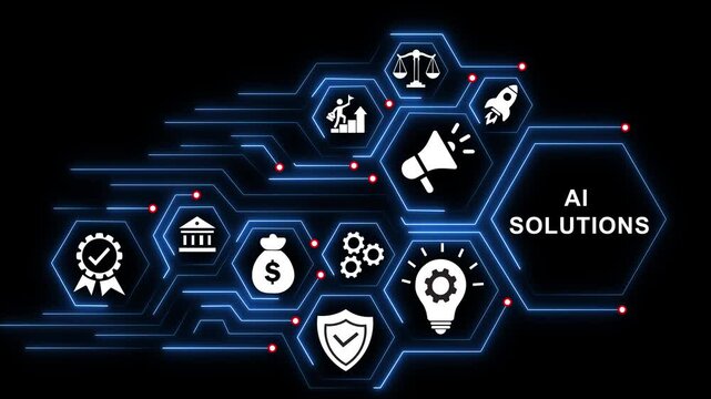 Ai solutions concept with digital network and glowing circuitry background, for business technology, artificial intelligence