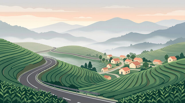 Minimalist flat vector landscape of a winding road through misty tea plantation hills with rustic countryside village at dawn