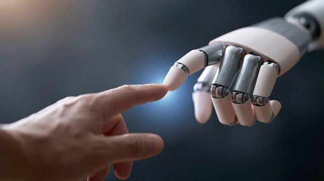 Close-up of a human hand touching a robotic hand with glowing blue light between fingers symbolizing technology and connection