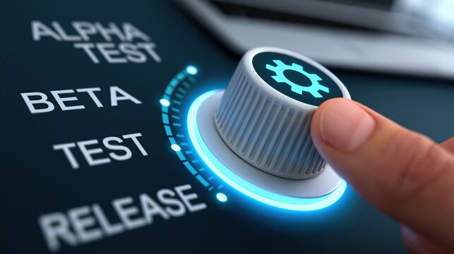 Close up of a hand adjusting a glowing blue dial on a dark interface with labels for alpha test, beta test, and release phases.