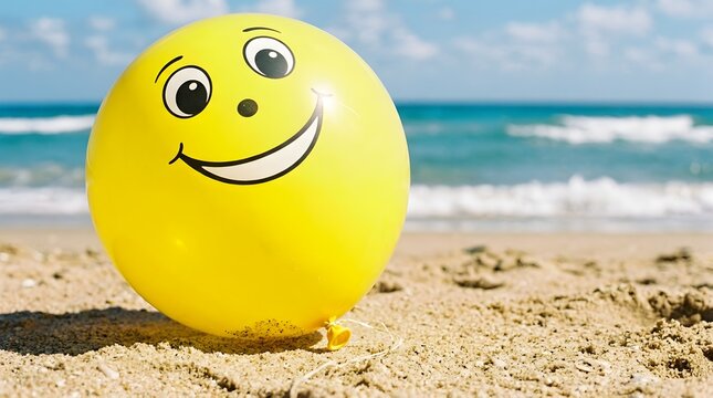 Yellow smiley face balloon sitting on the sandy beach