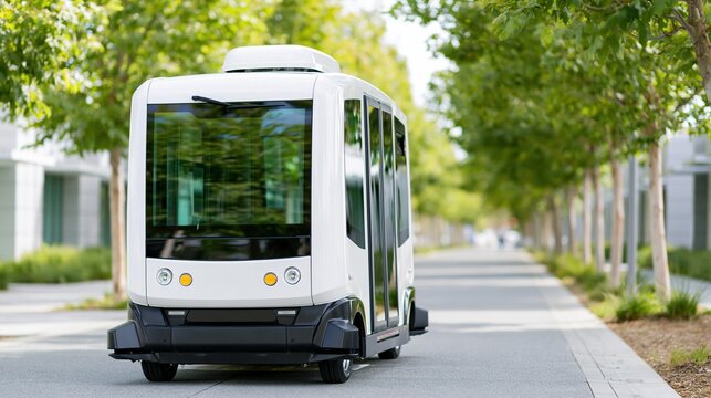 Modern autonomous electric shuttle bus driving along a tree-lined paved road in a sunny urban environment with green foliage and modern buildings.