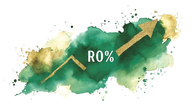 Green and Gold Business Growth Chart Watercolor Background with ROI Concept