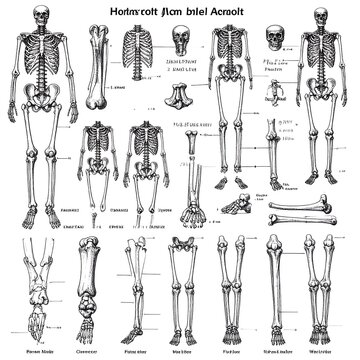 Historical anatomical illustration of human skeleton and bones.