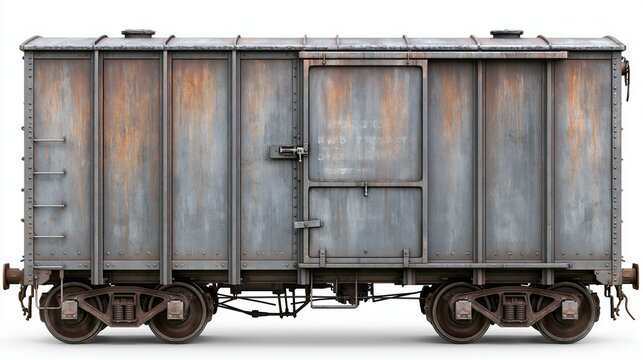 Side view of a rusty old freight train car with metal doors and wheels isolated on white background