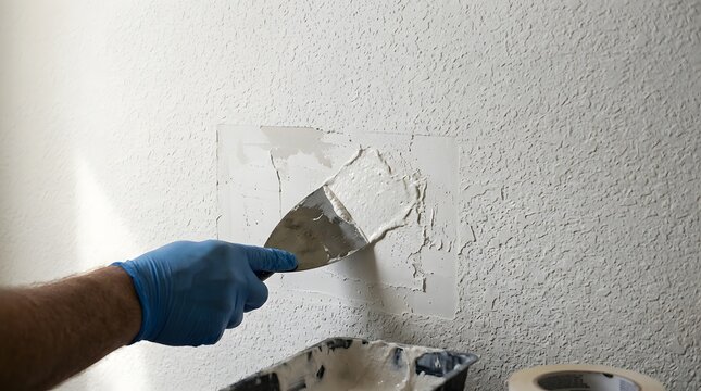 Worker wearing blue protective glove using putty knife to apply joint compound plaster spackle on damaged textured drywall, home improvement interior wall repair concept.
