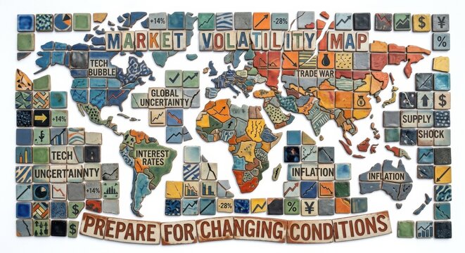 World Market Volatility Map Crafted from Ceramic Tiles with Economic Data and Global Trends