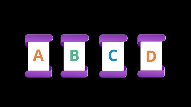 3D animated alphabet cards displaying the letters A, B, C, and D on colorful purple scroll-style frames against a black background. Suitable for education, alphabet learning, children&rsquo;s content.