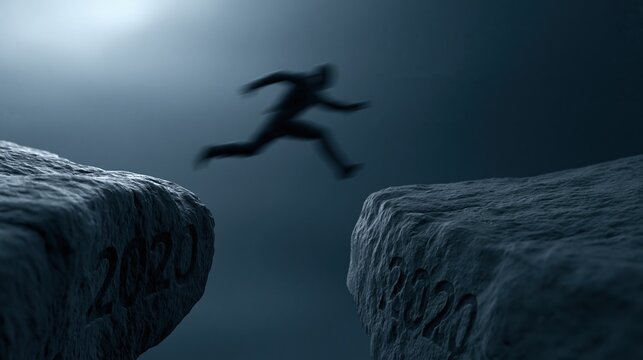 Silhouette of a person leaping across a chasm between two large stone blocks marked with the years twenty twenty and question mark twenty twenty