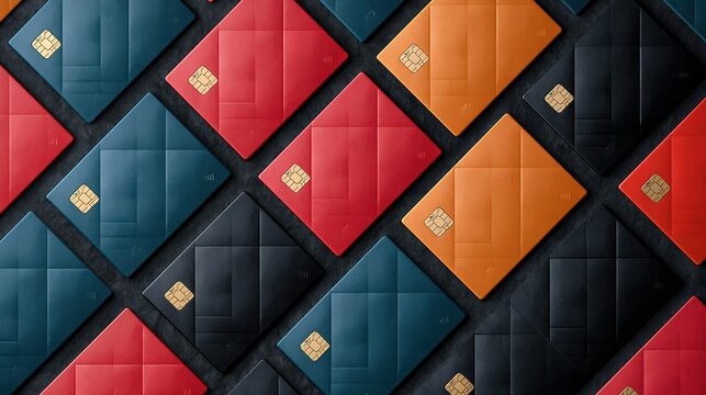 Colorful credit cards arranged in a geometric pattern on a dark textured background showcasing payment methods