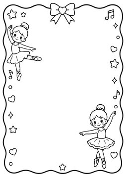 Ballerina coloring page vector illustration with cute dancing girls and decorative heart frame border design