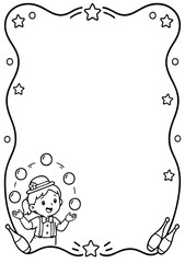 Juggling performer border illustration featuring a happy cartoon circus entertainer with stars and decorative outline shapes