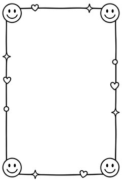Hand drawn doodle frame with smiley faces and hearts isolated on a clean white background