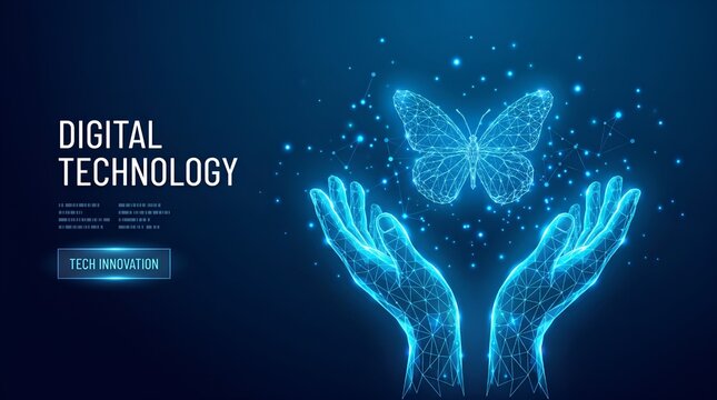 Glowing blue polygonal butterfly hovering above abstract wireframe hands created with intricate geometric lines and bright digital light particle effects