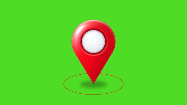 Red 3D map pin drops with pulsing location rings on green screen
