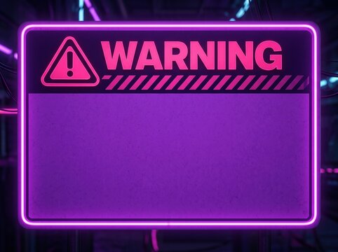 Futuristic Purple Neon Warning Sign Frame with Blank Copy Space for Text on Dark Cyberpunk Background Interface