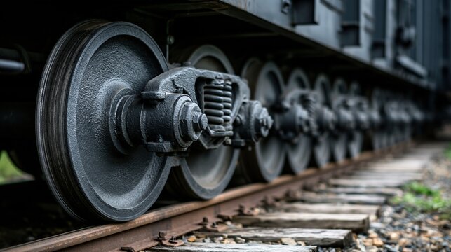 Close-up view of heavy industrial train wheels resting on rusty railroad tracks with visible suspension components and weathered wooden ties.
