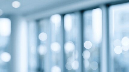 Fototapeta premium Abstract blue blurred background with bokeh lights and vertical lines suggesting modern office windows