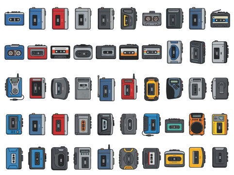 Retro portable cassette player icon set. Colorful vintage walkman and audio tape recorder vector collection.