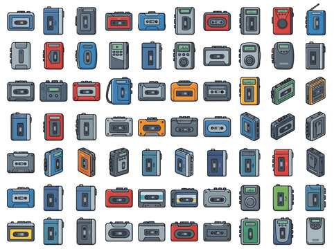 Retro portable cassette player icon set. Colorful vintage walkman and audio tape recorder vector collection.