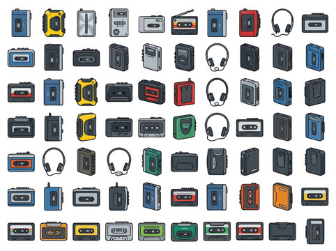 Retro portable cassette player icon set. Colorful vintage walkman and audio tape recorder vector collection.